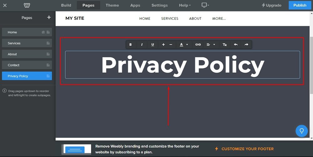 Weebly Website Builder: Page editor - The Privacy Policy title added highlighted