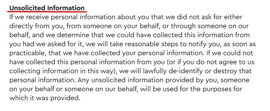 Westfield Privacy Policy: Unsolicited Information clause