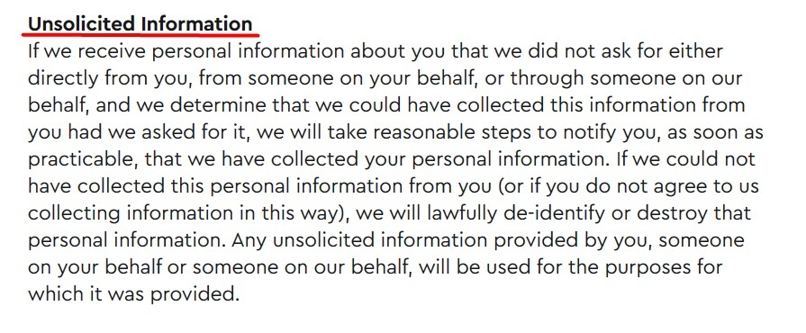 Westfield Privacy Policy: Unsolicited Information clause