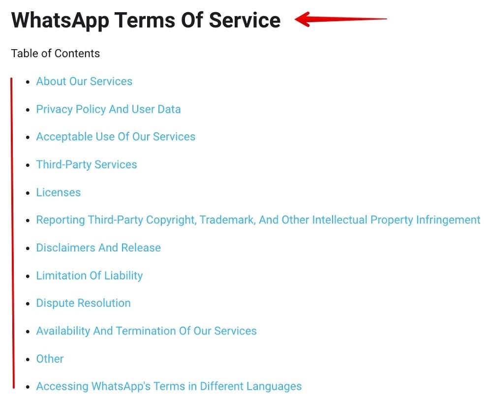 WhatsApp EEA Terms of Service table of contents