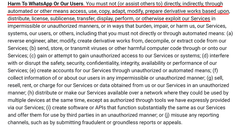 WhatsApp Terms of Service: Acceptable Use - Harm to Users clause