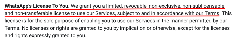 WhatsApp Terms of Service: License to You clause