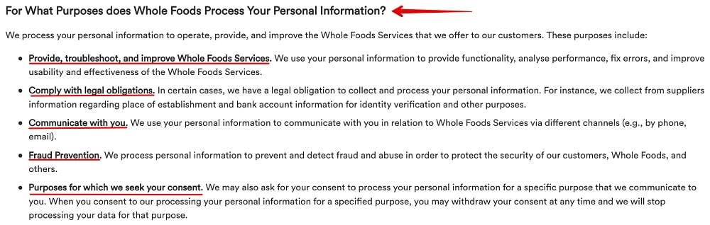 Whole Foods UK Privacy Notice: For What Purposes does Whole Foods Process Your Personal Information