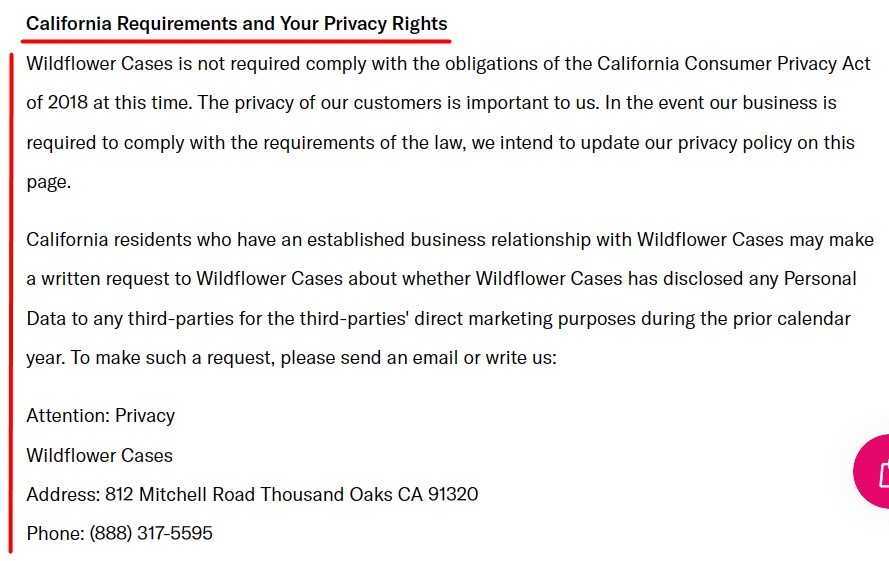 Wildflower Cases Privacy Policy: California Requirements and Your Privacy Rights clause