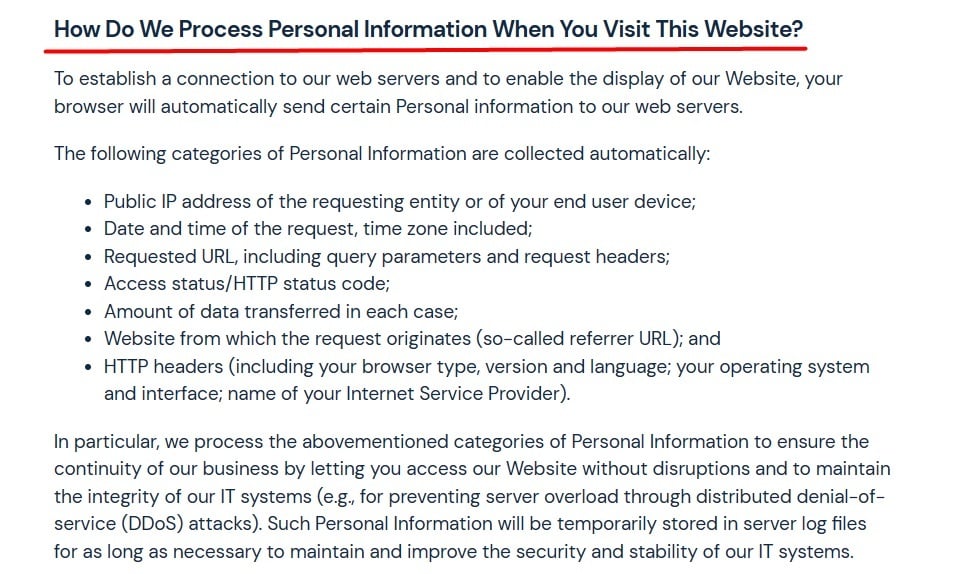 WiseTech Global Privacy Policy: How Do We Process Personal Information When You Visit This Website clause