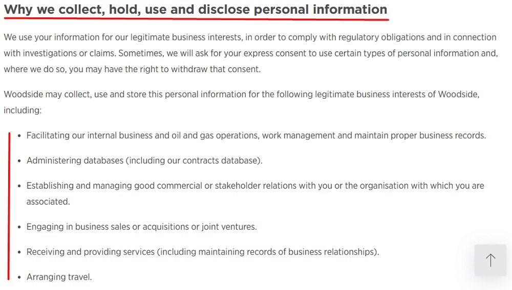 Woodside Energy Privacy Statement: Why we collect hold use and disclose personal information clause excerpt