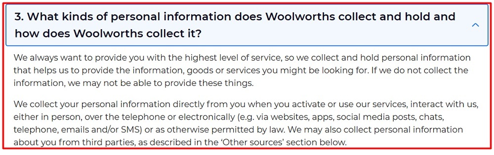 Woolworths Group Privacy Policy: What kinds of personal information does Woolworths collect and hold and how does Woolworths collect it clause