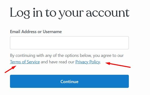 WordPress account log in form with Terms of Service and Privacy Policy links highlighted
