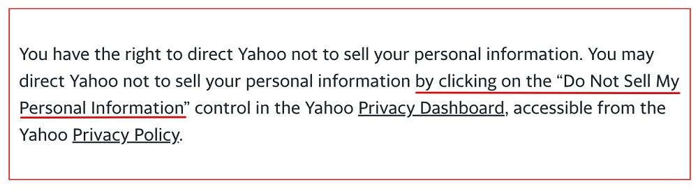 Yahoo California Privacy Notice: Right to not sell personal information clause