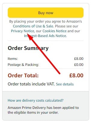 Amazon Checkout Page with Privacy Notice highlighted