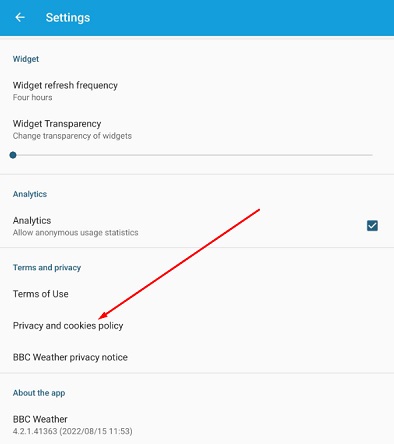 BBC Weather App: Settings menu with Privacy and Cookies Policy link highlighted