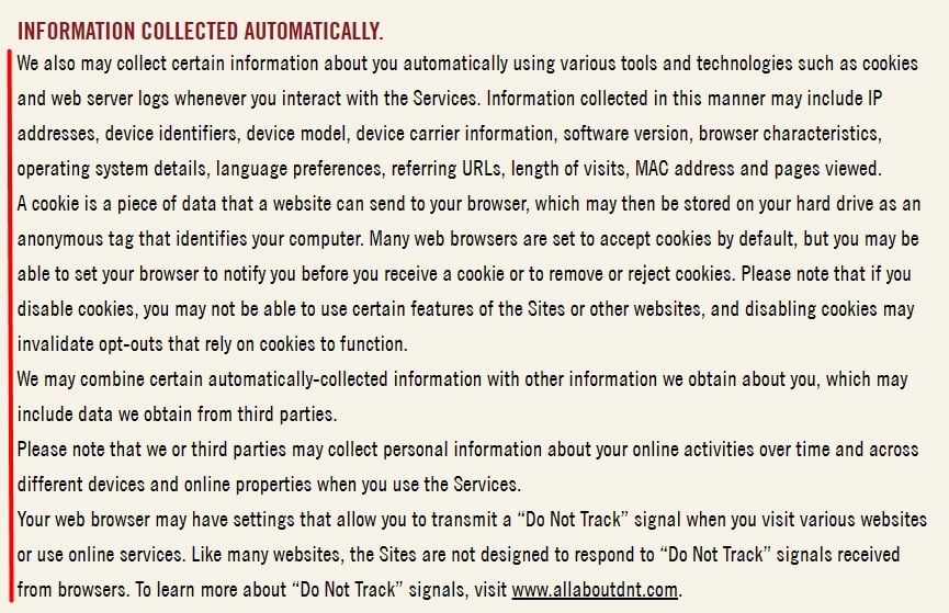 Bloomin Brands Privacy Policy: Information Collected Automatically clause