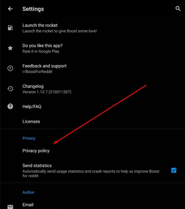 Boost Reddit app menu with Privacy Policy link highlighted