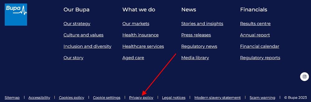 Bupa website footer with Privacy Policy link highlighted