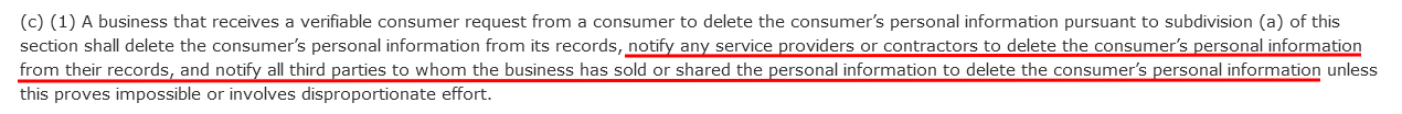 California Legislative Information CCPA 1798 105 c: Request under the right to delete personal information section updated