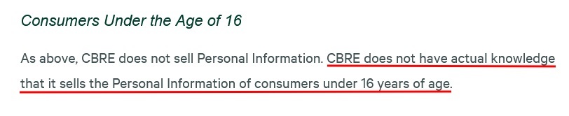 CBRE California Privacy Policy: Consumers Under the Age of 16 clause