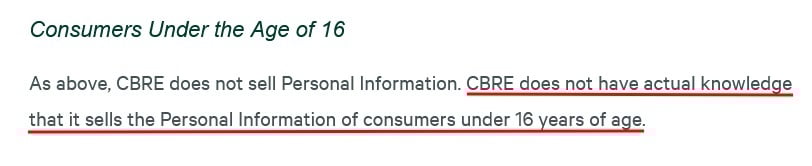 CBRE California Privacy Policy: Consumers Under the Age of 16 clause