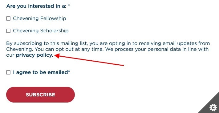 Chevening email subscribe form with Privacy Policy link highlighted