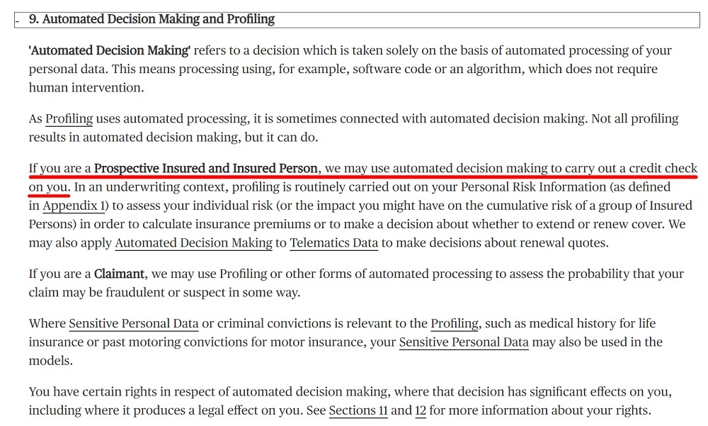 Chubb Privacy Policy: Automated Decision Making and Profiling clause