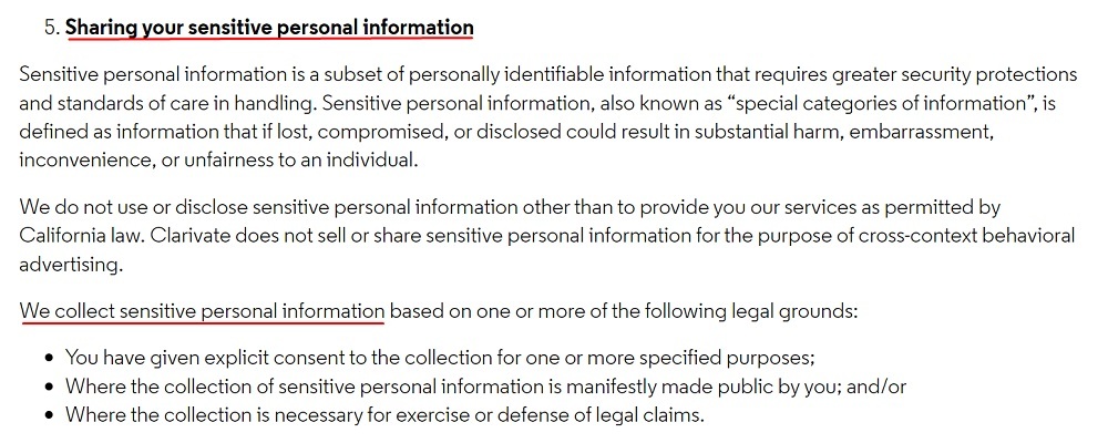 Clarivate CA Privacy Policy: Sharing your sensitive personal information clause