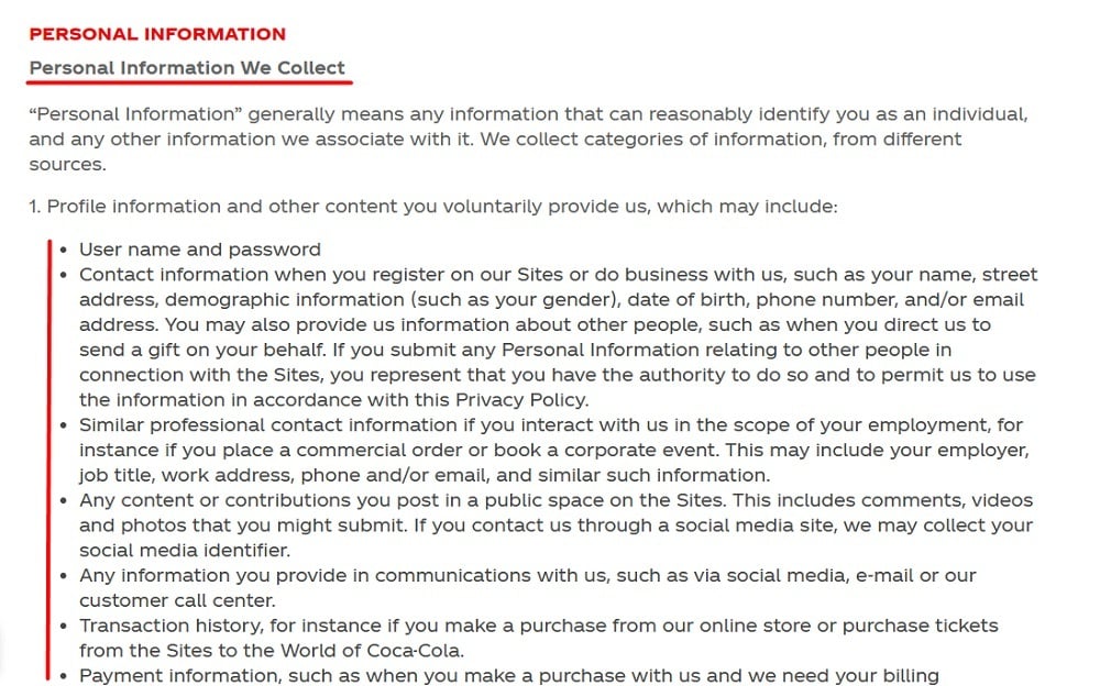 Coca-Cola Privacy Policy: Personal Information We Collect clause