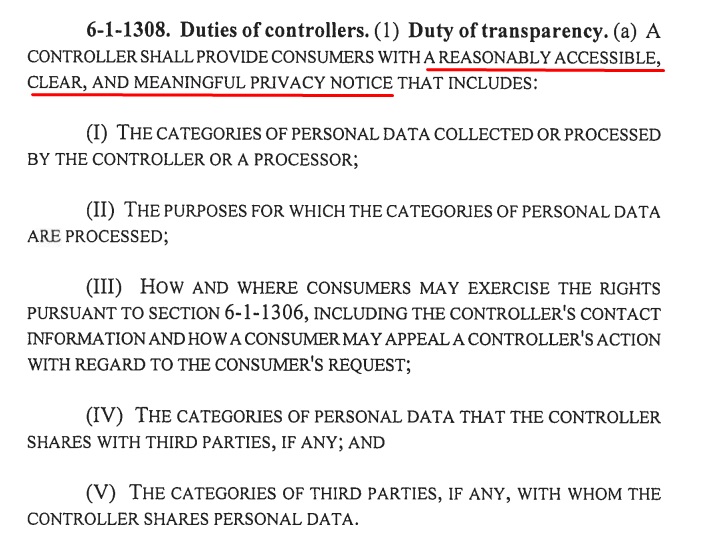 Colorado gov: CCPA text - Duties of controllers: Duty of transparency - Privacy Notice requirement: Section 6-1-1308