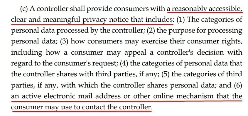 Connecticut Gov: CTDPA: Privacy Notice requirement section