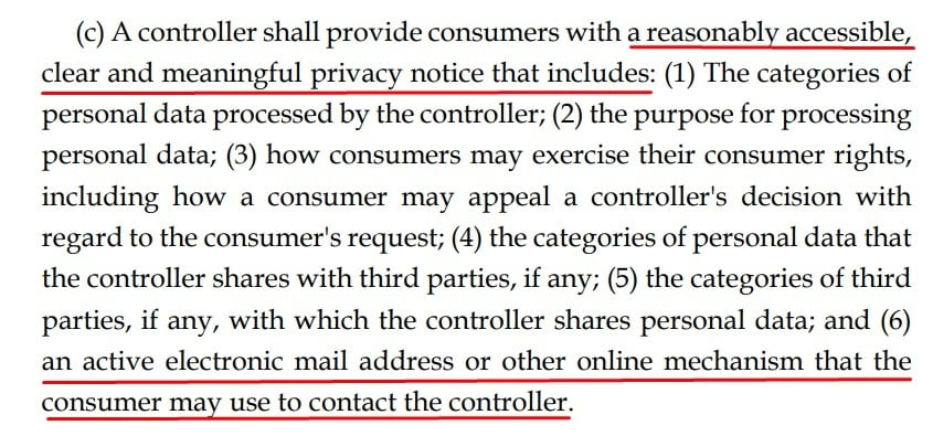 Connecticut Gov: CTDPA: Privacy Notice requirement section