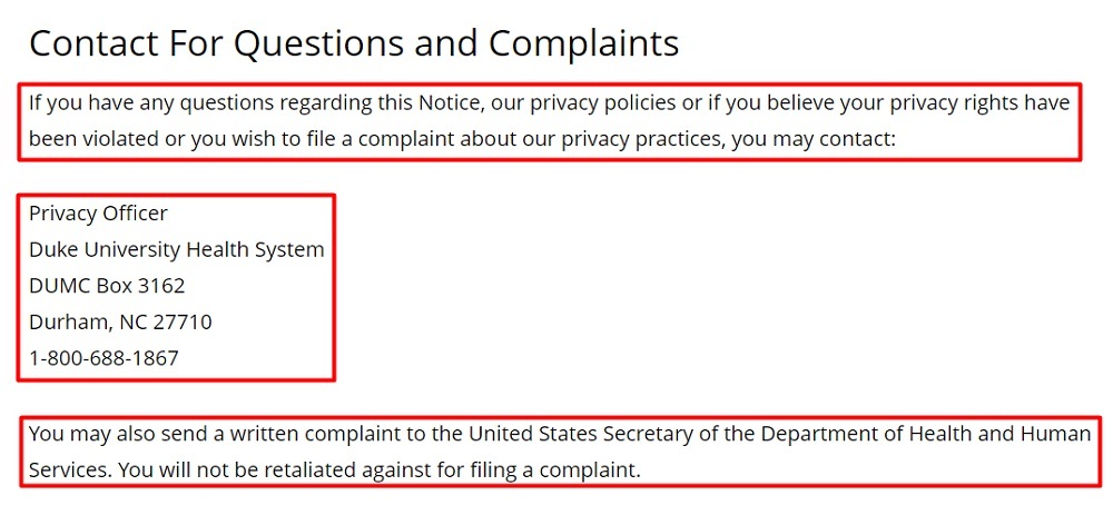 Duke Health Notice of Privacy Practices: Contact clause