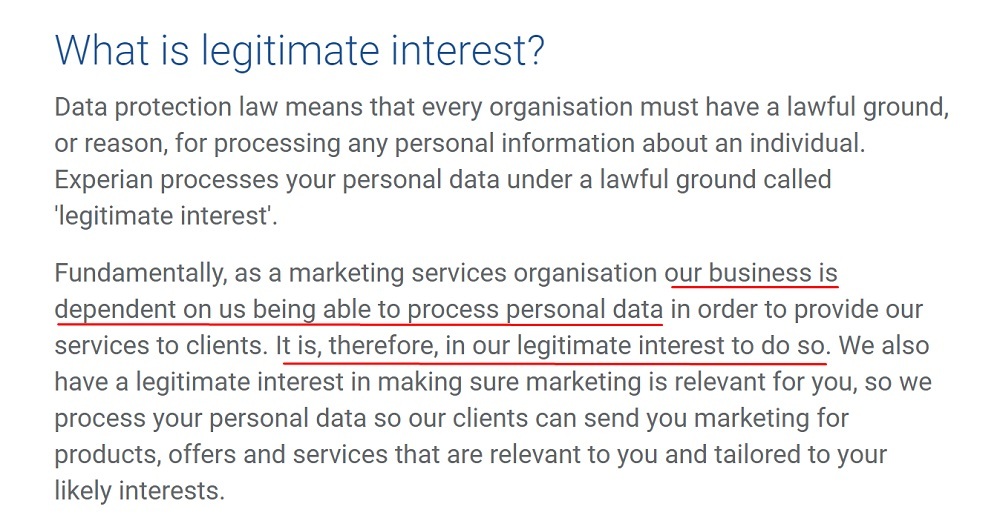 Experian Our Legal Basis for Processing Your Data page: What is Legitimate Interest section
