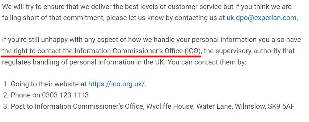 Experian UK Consumer Privacy Policy: Right to contact the ICO supervisory authority section