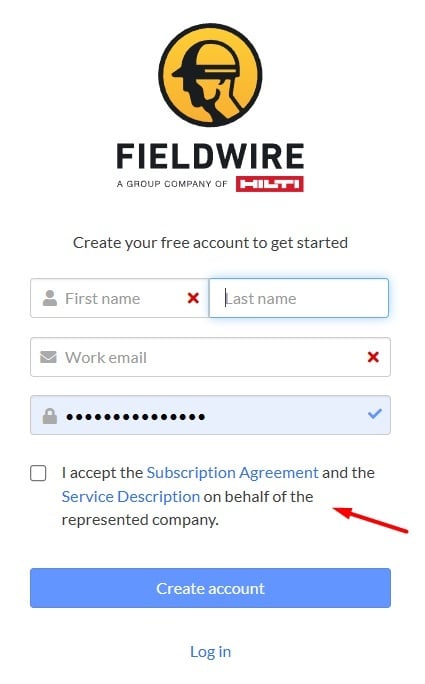 Fieldwire Create Account form with Agree checkbox highlighted