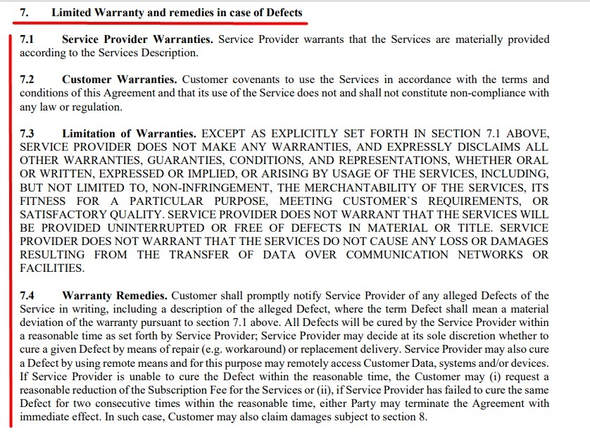 Fieldwire Subscription Agreement: Limited Warranty and Remedies clause excerpt