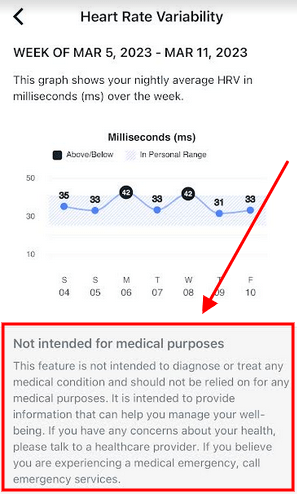 Fitbit HRV screen with medical disclaimer highlighted
