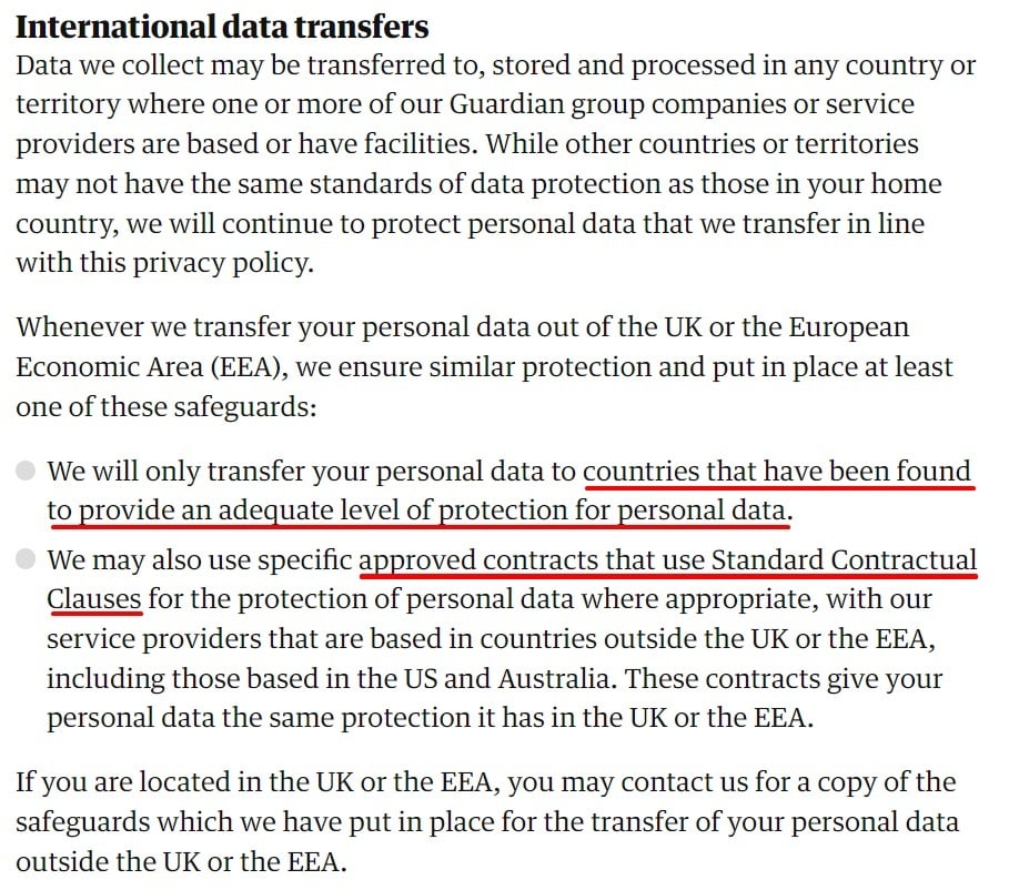 The Guardian Privacy Policy: International Data Transfers clause
