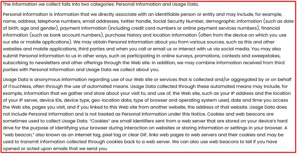 iTouchless Privacy Policy: Information we collect - categories clause