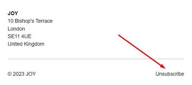 JOY email footer with unsubscribe link highlighted
