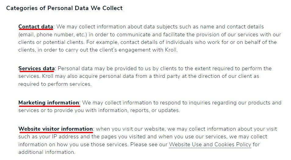 Kroll Privacy Notice: Categories of Personal Data We Collect clause