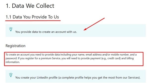 LinkedIn Privacy Policy: Data We Collect clause - Data you provide to us excerpt