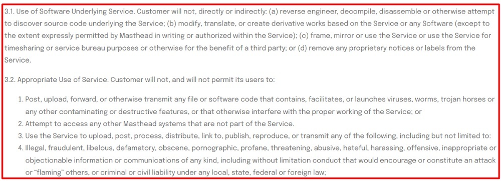 Masthead Data Master Subscription Agreement: Use of Service clause excerpt