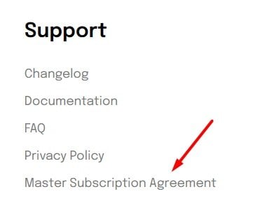 Masthead website footer with Master Subscription Agreement link highlighted