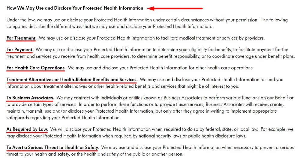 Medela HIPAA Privacy Policy and Notice of Privacy Practices: How we may use and disclose your Protected Health Information clause