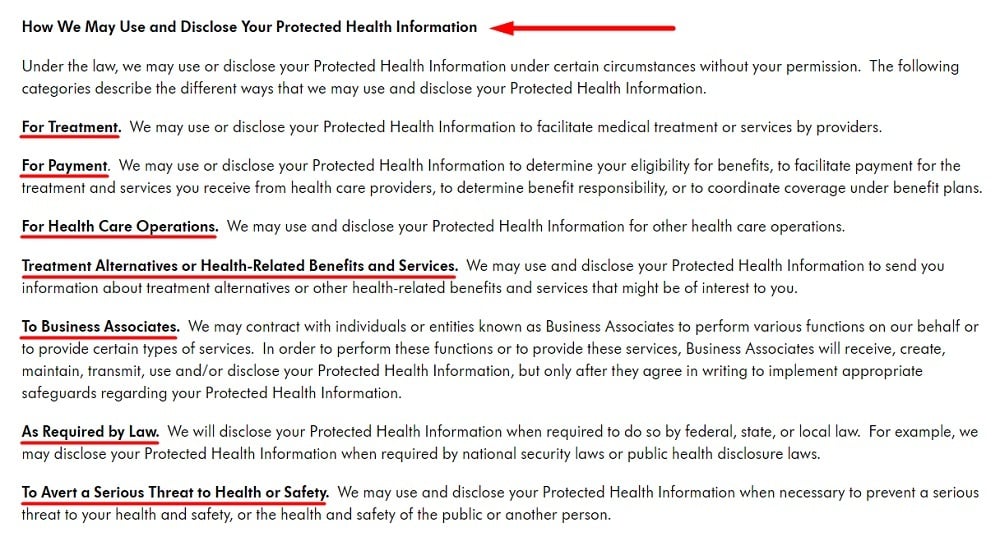 Medela HIPAA Privacy Policy and Notice of Privacy Practices: How we may use and disclose your Protected Health Information clause