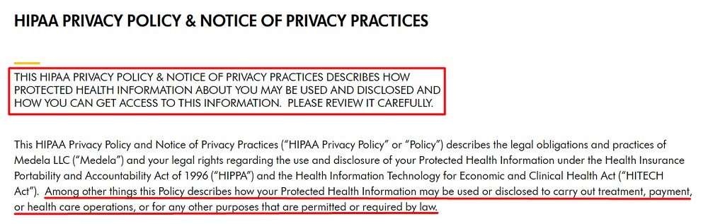 Medela HIPAA Privacy Policy and Notice of Privacy Practices intro section
