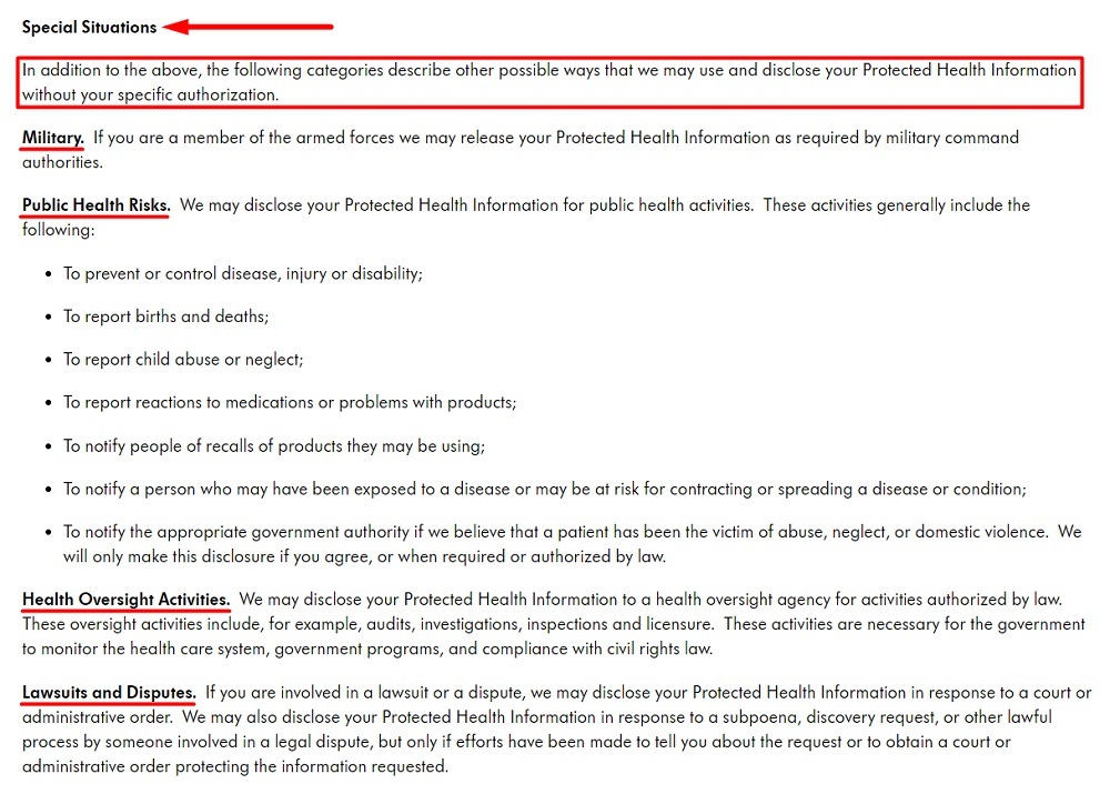 Medela HIPAA Privacy Policy and Notice of Privacy Practices: Special Situations clause
