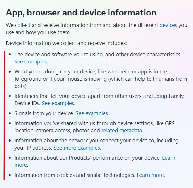 Meta Privacy Policy: App Browser and Device Information clause