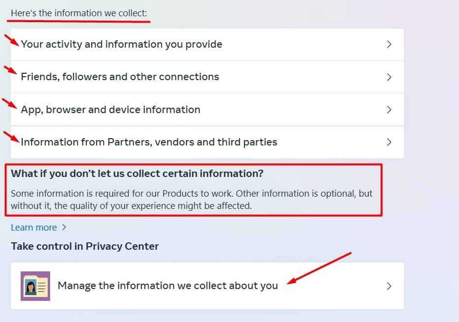 Meta Privacy Policy: What Information Do We Collect clause with menu and Manage information option highlighted