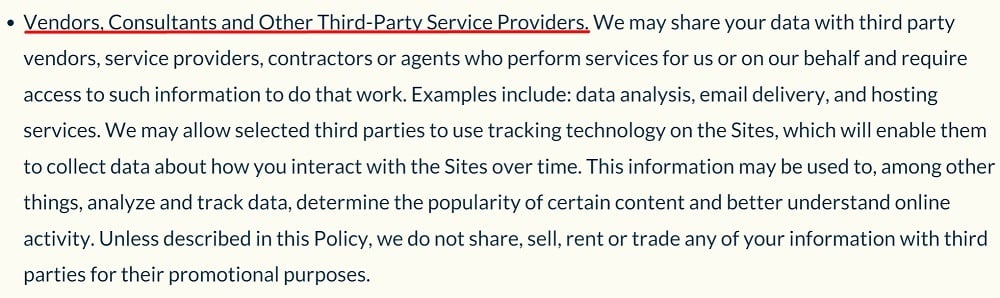 NeuBase Privacy Policy: Will Your Information Be Shared With Anyone clause - Vendors, consultants and other third party service providers section