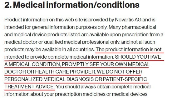 Novartis Terms of Use: Medical information disclaimer