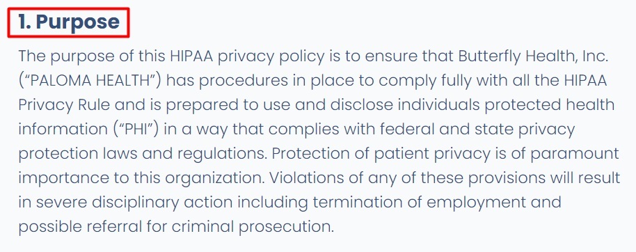 PALOMA HEALTH HIPAA Privacy Policy: Purpose clause